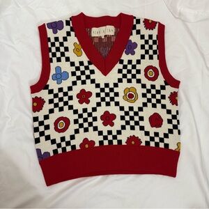 KINA & TAM Funk Sweater vest design red floral checkered size small 100% Cotton